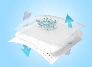 3d ventilate shows water splash transparent for diapers, synthetic fiber hair absorbent layer with sanitary napkin, transparent film baby diaper adult concept, isolated on blue background. 3d render